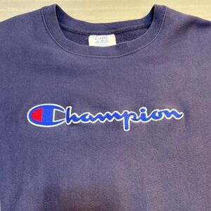 VTG Champion XL Reverse Weave Embroidered Large Spell Out Logo Sweatshirt Blue‎